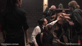 Leather-bound beauty gets ravaged by multiple studs in a filthy street gang-bang.