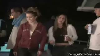 Collegiate trio: young one gets deepthroat action