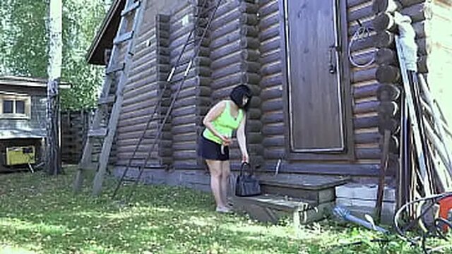 Sexy MILF in short skirt teases and gets anal fucked outdoors