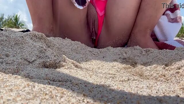 Italian MILF flashes wet pussy and pees at Florida beach