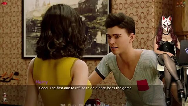 Playful fox gamer girl in stockings and see-through bra