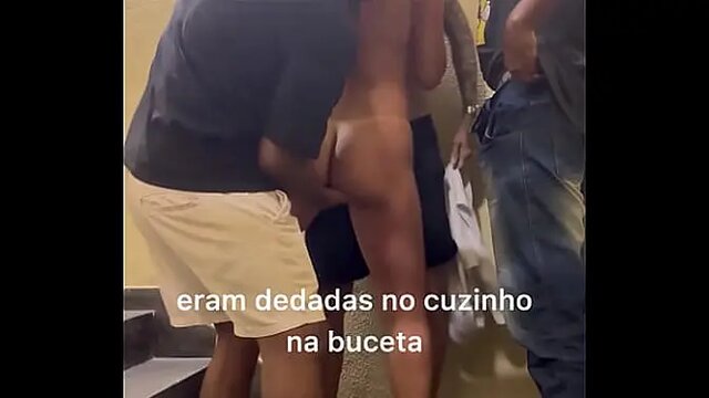 Three young men devour gorgeous brunette Belinha