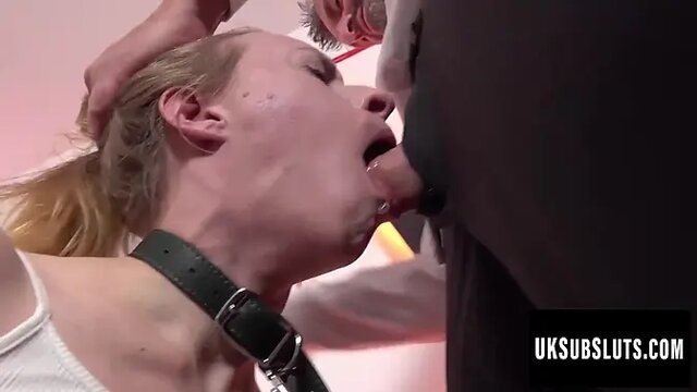 British submissive Nikki Riddle gets throatfucked and filled with jizz