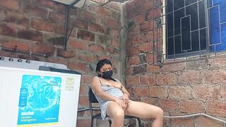 My slutty neighbor in the yard showing her pussy - under her dress