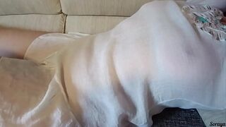 Stepmother cleaning the house in a transparent dress without panties.