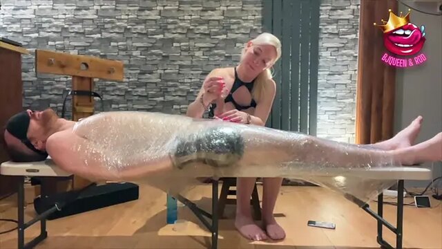 Blonde MILF dominates British couple in femdom bondage scene