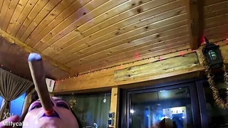European milf gives a sloppy cigar blowjob in ripped pantyhose